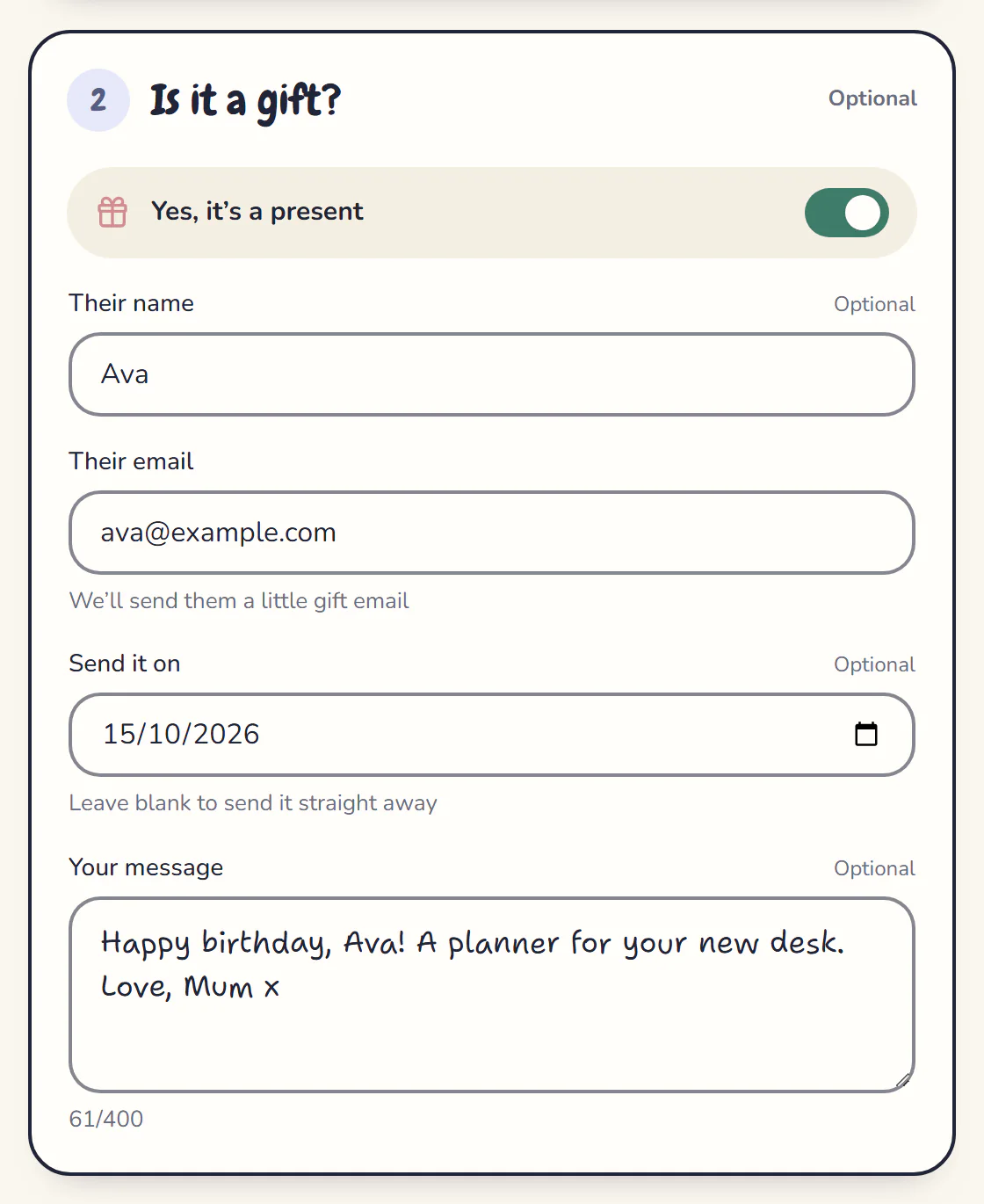 The checkout’s gift step: their name, Ava, their email, a date to send it on, and a birthday message
