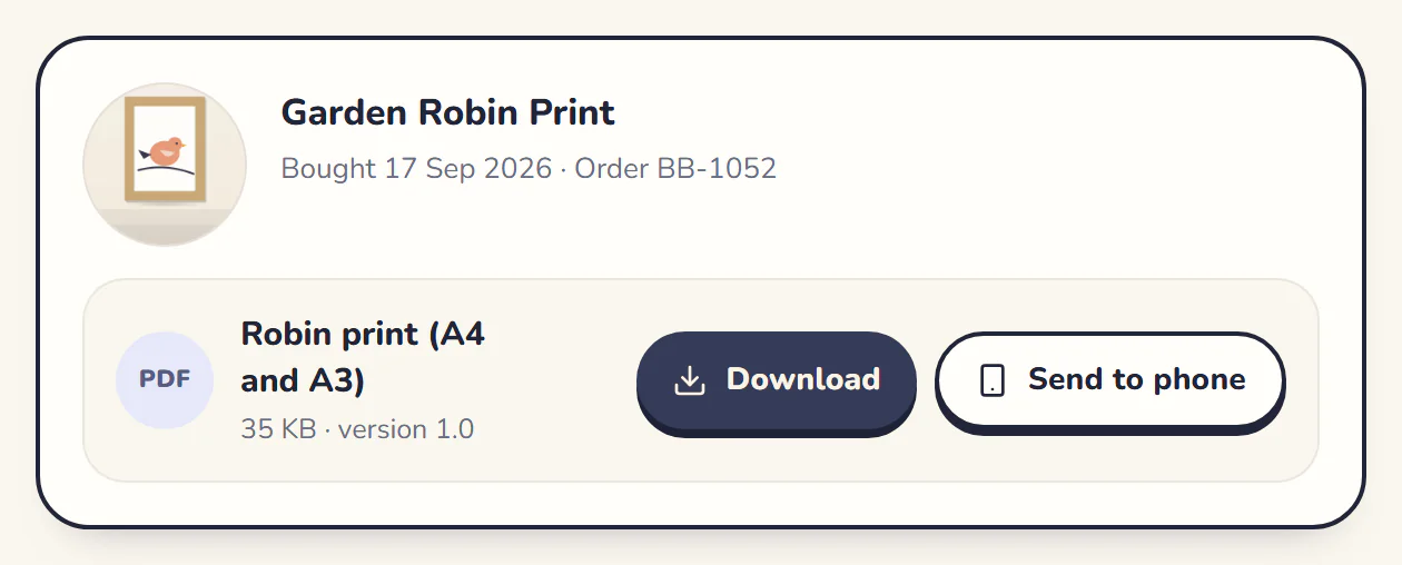 A download in a buyer’s library: Robin print (A4 and A3), version 1.0, with Download and Send to phone buttons