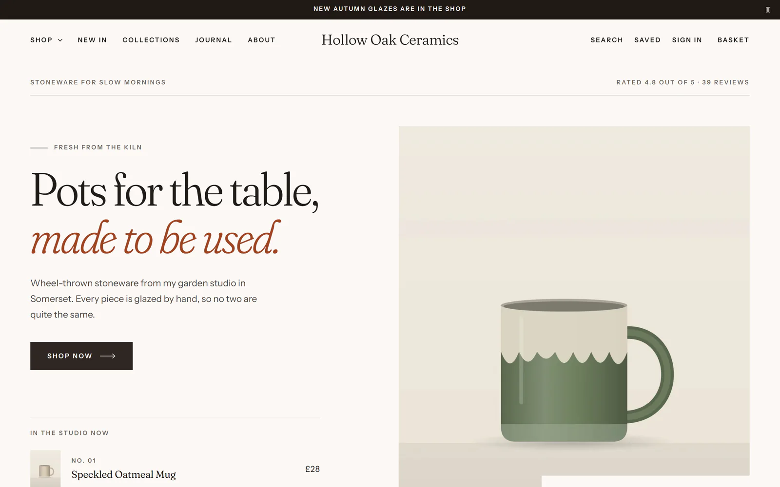 The home page of Hollow Oak Ceramics, in the Atelier template