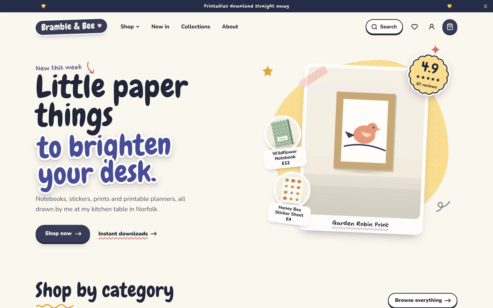 The home page of Bramble & Bee, in the Den template