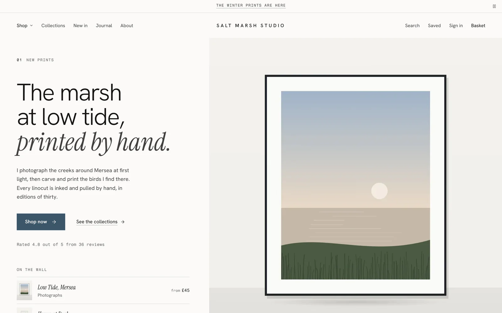 The home page of Salt Marsh Studio, in the Gallery template