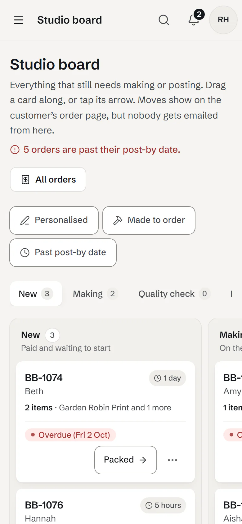 The studio board on a phone, with the first order card under New