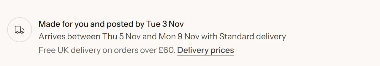 A made-to-order piece’s delivery line: the day it will be made and posted by, and the two dates it should arrive between